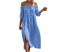 Aopir Lightweight Summer Dresses UK for Over 50S Women's Cotton Linen Off Shoulder Midi Dress 3/4 Sleeve Empire Waist Side Slit Flowy Loose Fit Casual Beach Dress for Summer & Vacation