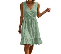 Aopir Sundresses for Women Over 50 Women's Cotton Linen Sleeveless Wrap Dress Elastic Waist with Drawstring Tie Ruffle Hem Lightweight Breathable Casual Mini Dress for Vacation & Everyday