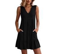 Aopir Women's Boho Sleeveless V Neck Mini Dress Textured Ruffle Hem Casual Flowy A Line Dresses for Summer Daily Wear Party