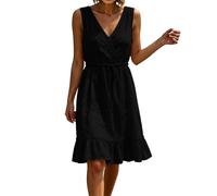 Aopir Women's Cotton Linen Sleeveless Wrap Dress Elastic Waist with Drawstring Tie Ruffle Hem Lightweight Breathable Casual Mini Dress for Vacation & Everyday