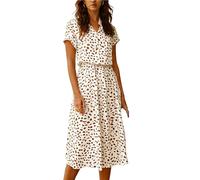 Aopir Women's Polka Dot Midi Dress Short Sleeve V Neck Button Down Casual Summer Dress with Waist Belt