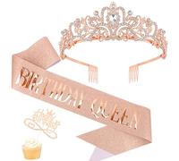 AOPRIE Birthday Queen Sash Tiara & Crowns for Women Birthday Headbands for Girls Birthday Cake Topper Rhinestone Happy Birthday Accessories Favor Supllies Rose Gold Pink, 3 Pack