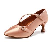 AOQUNFS Women's Ballroom Latin Salsa Dance Shoes Closed Toe Low Heel Satin Tango Samba Bachata Wedding Evening Dancing Shoes,WP125-Beige-2.25in,UK4.5