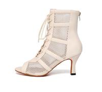 AOQUNFS Women's Latin Dance Boots Lace-up High Heel Salsa Bachata Tango Ballroom Party Practice and Performance Dancing Boots,L446-Beige-PU-7.5,UK5.5