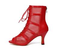 AOQUNFS Women's Latin Dance Boots Lace-up High Heel Salsa Bachata Tango Ballroom Party Practice and Performance Dancing Boots,L446-Red-PU-7.5,UK5.5