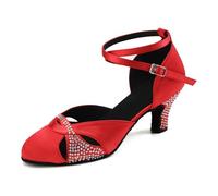 AOQUNFS Women's Latin Salsa Closed Toe Dance Shoes Rhinestone Ballroom Tango Bachata Social Dance Shoes Wedding Party Heels,L157-Red-2.33in,UK4