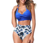 AOQUSSQOA Women Two Piece Tankini Swimsuits High Waist Halter Vintage Bikini Set Ladies Swimwear(Blue Floral, M)