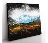 Aoraki Mount Crook New Zealand Paint Splash Modern Canvas Wall Art Print Ready to Hang, Framed Picture for Living Room Bedroom Home Office Décor, 50x50 cm (20x20 Inch)