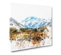 Aoraki Mount Crook New Zealand Watercolour Canvas Print | Gallery Wrapped 30mm Frame Wall Art | 20x20 inches | Ready to Hang | Modern Picture | Living Room Bedroom Lounge Office