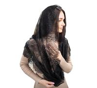 AOREAS Chapel Veil Spanish Style Lace Traditional Vintage Inspired Catholic Church Veil Latin Mass Head Covering Scarf Mantilla（Black）, Black Body With Orange, Large