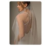 AOREAS Long Wedding Bride Pearl Veil Chapel Length Veils Soft Tulle Bridal Veils with Comb 59 Inches (Ivory), White 16, 59 in