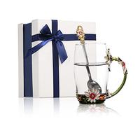 Aoresac 350ML Enamel Flower Tea Cup Glass Mug with Spoon and Cleaning Cloth Set (Green)