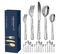 Aoresac Stainless Steel Cutlery Set for 4 Persons, 20 PCS, Polished Pattern with Flower Mirror, Includes Knife, Fork, Teaspoons for Kitchen Restaurant Party (Silver)