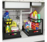Aoresac Under Sink Storage Organiser, Metal Pull Out Cabinet Organizer with 2 Tier Sliding Wire Drawer, Under Sink Slide Out Storage Shelf for Kitchen Bathroom, 10.5W x 13D x 11H Inches (Black)