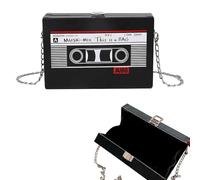 Aoreun Cassette Handbag Retro Shoulder Bag Women's Slanted Shoulder Bag Radio Handbag Bag Cassette Shoulder Bag 90s Chain Bag for 80s 90s Disco Party Decoration, black, L