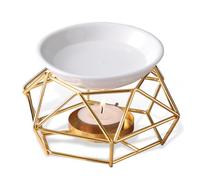 Aoreun Metal Essential Oil Burner, Wax Melt Burner with Ceramic Bowl, Gold | Geometric Essential Oil Candle Holder, Aroma Diffuser with Tea Light Candle Holder, for Office Home Bedroom Decor