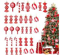 Aoriher 24 Pcs Christmas Candy Cane Ornament Red and White Plastic Peppermint Candy Cane Christmas Decorations Xmas Hanging Lollipop Pattern Decorations with Rope for Xmas Party Holiday Festival Decor