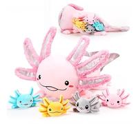 Aoriher 5 Pcs Axolotl Plush Set 24 Inch Mommy Axolotl Stuffed Animal with 4 Cute Plush Babies in Belly Soft Cuddly Plushie for Kids Sleeping Birthday Graduation Valentine Gift Party Favors(Pink)