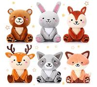Aoriher 6 Pcs Mini Woodland Animals Plush Toys Gift 4 Inch Cute Plush Bear Rabbit Squirrel Raccoon Stuffed Keychain for Baby Shower Birthday Party Centerpiece Decor Classroom Prizes(Regular Style)