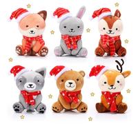 Aoriher 6 Pcs Mini Woodland Animals Stuffed Gift 4 Inch Cute Bear Rabbit Squirrel Raccoon Stuffed Keychain for Shower Birthday Party Centerpiece Decor(Christmas)
