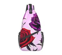 AoRom Red And Purple Roses Printed Crossbody Sling Backpack,Casual Chest Bag Daypack,Crossbody Shoulder Bag For Travel Sports Hiking, Black, Black, One Size, Retro