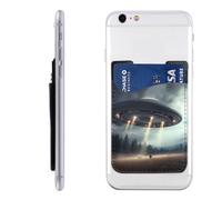 AoRom Ufo Landing Printed Phone Card Holder,Leather Phone Card Holder,Adhesive Stick On Credit Card Pocket For Smartphones, White, One Size