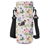 AORTDES Neoprene Water Bottle Carrier Bag with Adjustable Shoulder Strap for Men Women Walking Hiking,Portable Insulated Holder Case for Stainless Steel/Glass/Plastic Bottles (Garden Cat, 1000ML)