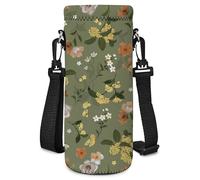 AORTDES Neoprene Water Bottle Carrier Bag with Adjustable Shoulder Strap for Men Women Walking Hiking,Portable Insulated Holder Case for Stainless Steel/Glass/Plastic Bottles (Green,Flowers, 1000ML)