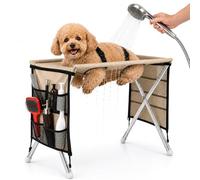 Aortom 2-in-1 Foldable Pet Grooming Bed, Pet Grooming Hammock with Stand Iron Tube Frame & Quick-Dry Mesh Foldable for Trimming, Bathing, Brushing (Upgraded-Khaki)