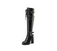 AORUIDA Womens Boots Chunky Block Platform High Heel Boots Winter Retro PU Leather Biker Military Goth Punk Over The Knee Stretch Boots,Black,2 UK