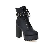 AORUIDA Womens Chunky High Heel Ankle Boots Retro Autumn and Winter Rivet Ankle Strap Platform Biker Military Combat Lace Up Ankle Boots,Black,12 UK