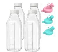 AOSEE 4 Pack 1000ml/33.8oz Liter Glass Milk Bottles with Lid,Reusable Dairy Drinking Bottles with Capacity Mark With 3pcs Silicone Bottle Dispenser for Juices, Dressings, Sauces, Beverages (4 Pack)