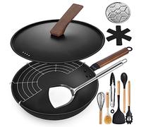 AOSION 13'' Carbon Steel Wok, 12 Piece Wok Pan & Stir-Fry Pans Set with Lid & Cookwares, No Chemical Coated Flat Bottom Chinese Wok Pan for Induction, Electric, Gas, Halogen, All Stoves