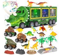 Aoskie Dinosaur Toys for Kids 3-7, Transporter Truck with Roar Sound & Lights, 3 Pull Back Cars, 12 Dinosaurs (23Pcs)
