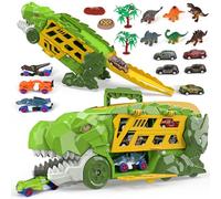 Aoskie Dinosaur Truck Toys for Boys Ages 3 4 5 6 7 8, 2-in-1Tyrannosaurus Transporter Transforming Car, Car Carrier Truck with 6 Pull Back Dinosaur Cars, Dino Figures, Gift for Boys & Toddler Toys