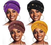 Aosmeol 4 Pack Women Turban Cap,Beaded Headscarf Beanie,African Braid Turban Cap for Women,Twisted Beaded Braid Wrap Hat Braid Turban, Black+Purple+Brown+Yellow, 7
