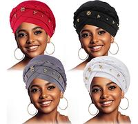 Aosmeol 4 Pack Women Turban Cap,Beaded Headscarf Beanie,African Braid Turban Cap for Women,Twisted Beaded Braid Wrap Hat Braid Turban, Black+White+Grey+red, 7
