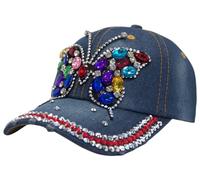 AOSMI Shiny Bling Rhinestone Denim Baseball Cap Studded Sparkle Trendy Fashion Cute Distressed Party Ball Hat for Women Men, Blue Butterfly, One Size