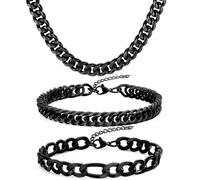 Aospkle 3PCS Cuban Link Figaro Bracelet Necklace for Men, Silver Gold Black Sturdy 316L Stainless Steel Cuban Link Figaro Chain with 2-inch Jewelry Set with Gift Message Card 8mm, Stainless Steel, No