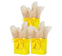 Aosric 3 Pack Yellow Tote Gift Bags with Bow Ribbon & Tissue Paper - 7.48x3.54x7.9 Elegant Small Cardstock Gift Bag with Base Support for Party Favor, Birthday, Wedding, Christmas, Baby Show