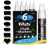 AOSUCO White Chalk Pens, 6 pack-1, 3, 6, 10, 15mm, 5 Different Fine and Jumbo Tips of Liquid Chalk Pens Chalk Markers, Dry & Wet Erase Window Pens