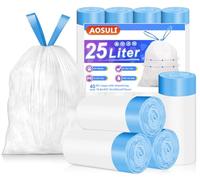 AOSULI Bin Bags 25L Bin Liners with Drawstring Tie Handle,Tall Kitchen Pedal Bin Liners Trash Bags(40 Bags,White)