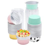 AOSYCO Dessert Cups, 100pcs 4 Colors Mixed Cupcake Containers, 5oz 125ml Disposable Aluminum Foil Pans Ramekins, Baking Cups, Muffin Liners with Lids