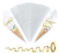 AOT 100 Pcs Sweet Cone Bags, 16x30cm Clear Transparent Cellophane Treat Bags with 10m Golden Ribbon, OPP Plastic Resealable for Snacks Popcorn Chocolates Candy Party