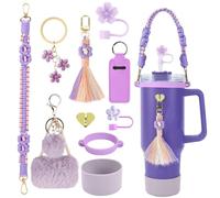 AOT 10PCS Cup Accessories Set, Flower Straw Lid,Mini Bag Pendant, Cup Charm Keychain Cute Pendant 40/30oz for Cycling, Yoga, Camping (Purple Flower)