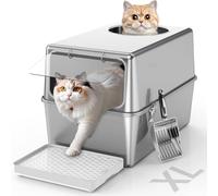Aothey Enclosed Stainless Steel Litter Box with Lid, Enclosed Metal with High Sides, Large Cat Litter Box, Dog-Proof, Odor Control, Easy to Clean,Durable with Round Edge (Front Entry)
