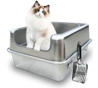 Aothey Stainless Steel Kitty Litter Box with Metal Lid and Scoop - Enclosed Metal Litter Box for Small Cats, Rust-Resistant, Odor-Control, Easy to Clean, Durable & Long-Lasting with Round Edge (M)