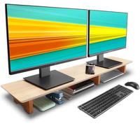 Aothia Large Dual Monitor Stand for Computer Screens Solid Wood Riser with Sustainable Cork Block Legs Supports Heavy Laptop Computer/TV/PC,Perfect Shelf Organizer for Office (Oak, Large)