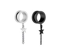 Aotiwe 1 Pair Ear Gauges 0G Tunnels, Stainless Steel Gauges Silver Black 8mm Round with Chain and Star Pendant