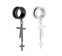 Aotiwe 1 Pair Gauged Earrings, Ear Gauges Stretching Kit 5/8 Silver Black 16mm Round with Chain and Cross Pendant Stainless Steel